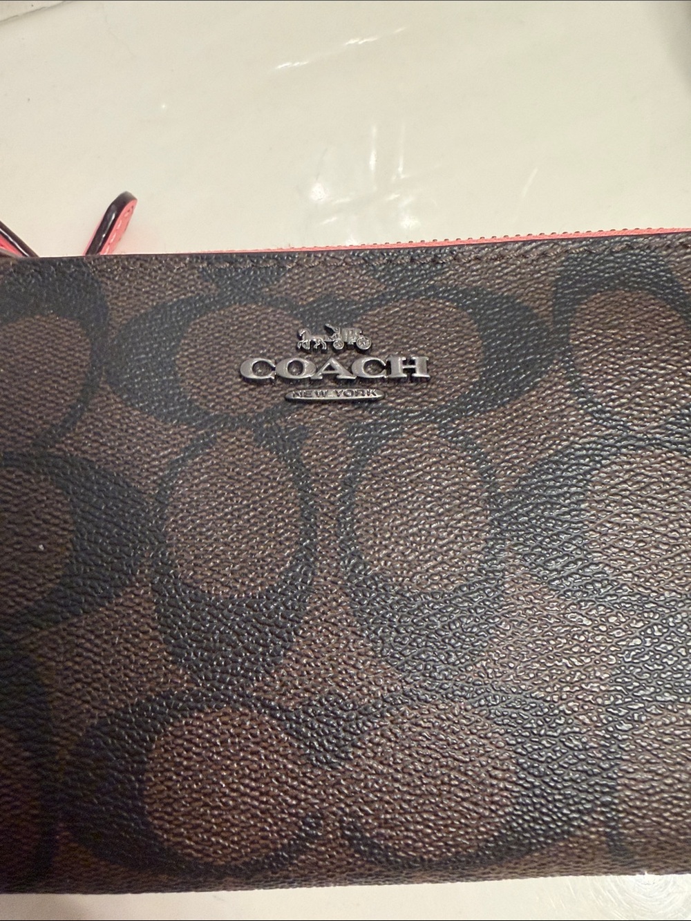 Coach Brown Signature Double Zip Wristlet with Pink Strap - Picture 3 of 10